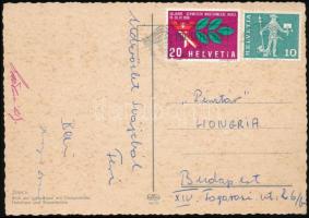 Bene Ferenc, Káposzta Benő, Szentmihályi Antal és Solymosi Ernő labdarúgók aláírásai Svájcból küldött képeslapon