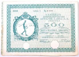 Jugoszlávia / Belgrád 1931. Belgrádi Agrár Bank részvénye 500D értékben, szárazpecséttel, szelvényekkel T:III ly. Yugoslavia / Belgrade 1931. The Agrarian Bank of Belgrade share about 500 Dinaras, with embossed stamp and coupons C:F holes