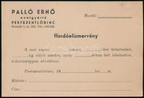 Palló Ernő Első Pestszentlőrinci Ecetgyárának szórólapjai, hordóelismervénye, kitöltetlen számlája