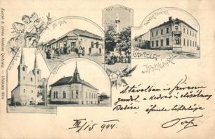 Ipolyság, Sahy; Fő tér, Mária szobor, Takarékpénztár, Újtelek, kiadja Kanyó A. utóda / main square, statue, bank, floral Art Nouveau