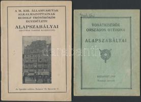 1935, 1943 A M. Kir. Államvasutak Alkalmazottainak Rudolf Trónörökös Egyesülete alapszabályai, 31p + A Vonatkísérők Országos Otthona alapszabályai, 32p