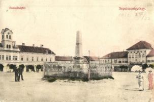 Sepsiszentgyörgy, Sfantu Gheorghe; Szabadság tér, Állami polgári leányiskola, Városháza, Városi Nagyszálloda, Berkovits Herman üzlete / square, town hall, girl school, hotel, shop (Rb)