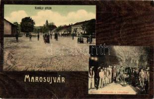 Marosújvár, Ocna Mures; Király utca, Reggeli imádkozás a bányában, kiadja Grünn Géza / street view, pray in the mine, miners