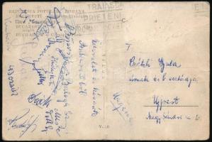 1948 A magyar labdarúgó válogatott tagjai által aláírt képeslap Bukarestből. A képeslap megviselt állapotú, de az aláírások jól kivehetőek: Kubala, Bozsik, Puskás, Hidegkuti, Zakariás és a többiek