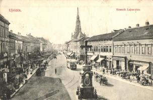 Újvidék, Novi Sad; Kossuth Lajos utca, Klein és Popper üzlete, villamos / street, shops, tram