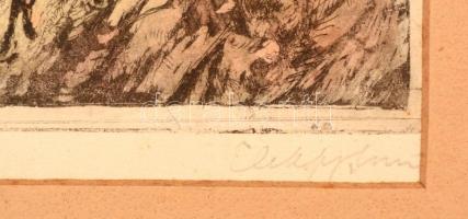 Elekfy Jenő (1895-1968): Fa szallító kocsi. Színezett rézkarc, papír, jelzett, paszpartuban, 30×23 c...