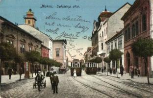 Miskolc, Széchényi utca, villamosok; Grünwald Ignác kiadása