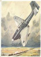 Wehrmachts-Postkarten Serie 2, Bild 2, Sturzbomber Angriff auf Panzerzug / WWII German military aircraft art postcard, dive bomber s: Hans Friedrich (EK)