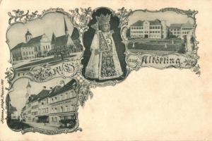 1897 Altötting, Engl. Fräulein Institut, Gasthof Scharnagl, Kapellenplatz / square, guest house, girl school, floral; Alphons Adolph