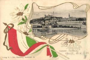 Pozsony, Pressburg, Bratislava; Szamos monitorhajó, vár, magyar zászló, kiadja R. I. Iltis / Hungarian river guard ship, castle, Hungarian flag, floral, Art Nouveau, Emb. (fa)