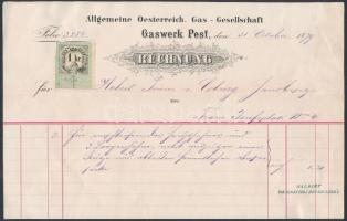 1879 Gázszámla Coburg főherceg Ferenc József tér 4. szám alatti címére kiállítva, 1 kr okmánybélyeggel / Allgemeine Oesterreich. Gas-Gesellschafts Gaswerk in Pest, Rechnung