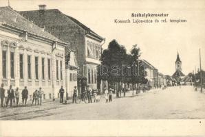 Székelykeresztúr, Cristuru Secuiesc; Kossuth Lajos utca, református templom, Ifj. Szemerjay Károly kiadása / street, church