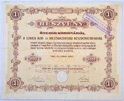 Tokaj 1924. "A Tokaji- Bor- és Mezőgazdasági Részvénytársaság" részvénye 5000K-ról, szelvényekkel, szárazpecséttel és bélyegzéssel T:II részben restaurált / Hungary / Tokaj 1924. "A Tokaji- Bor- és Mezőgazdasági Részvénytársaság" Wine and Agricultural Company's share about 5000 Korona, with coupons, embossed stamp and cancellation C:XF partially restored