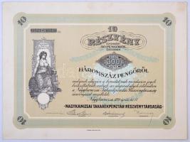 Nagykanizsa 1926. Nagykanizsai Takarékpénztár Részvénytársaság tíz részvénye egyben összesen 300P értékben, szelvényekkel T:II / Hungary / Nagykanizsa 1926. Nagykanizsai Takarékpénztár Részvénytársaság Savings Banks ten share in one, in sum of 300 Pengő, with coupons C:XF