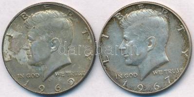 Amerikai Egyesült Államok 1967. 1/2$ Ag + 1969D 1/2$ Ag Kennedy T:2,3 1969-nek hiányzó felső réteg USA 1967. 1/2 Dollar Ag + 1969D 1/2 Dollar Ag Kennedy C:XF,F missing surface metal on the 1969