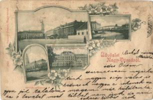 1899 Nagyvárad, Oradea; Szent László tér, kishíd, honvéd hadapród iskola, templom, Pauker Dániel kiadása / square, bridge, military school, floral, Art Nouveau (ázott sarok / wet corner)