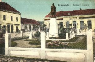 Érsekújvár, Nové Zamky; Kossuth szobor, Ehrlich S. és Spitzer Lipót üzlete, kiadja Adler József / statue, shops (EK)