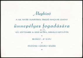 1972 Meghívó a XX. nyári olimpiáról érkező magyar csapat ünnepélyes fogadására