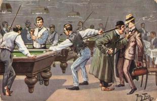 Men playing billiard, humour, T.S.N. Serie 1155. s: Arthur Thiele (EK)