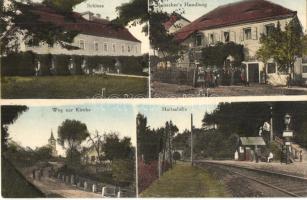 Oselín, Oschelin; Schloss, Rauscher's Handlung, Haltestelle, Weg zur Kirche / castle, shop, railway station