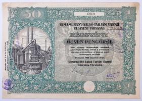 Budapest 1925. "Rimamurány-Salgó-Tarjáni Vasmű Részvény-Társaság" részvénye 50P-ről szelvényekkel, szárazpecséttel és felülbélyegzésekkel T:II