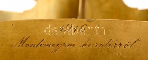 1916 Schneider ágyúhüvelyből készült asztali írószer-tartó, "1916 montenegrói harctérről" ...