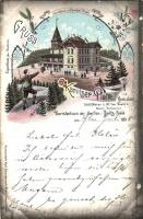 1898 Beskidy, Beskiden; Szyndzielnia, Schutzhaus auf der Kamitzer Platte bei Bielitz / tourist house, Gruss von... Kunstanstalt Karl Schwidernoch Art Nouveau floral litho