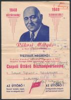 1948 Meghívó a Csepeli Úttörő Díszhangversenyre, a Budapesti Férfiszabók és Férfiruhakészítők Ipartestülete részére megküldve, 1848-as emlékpapíron