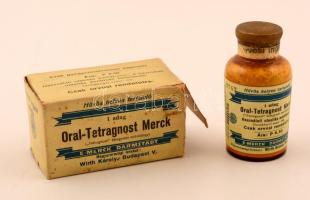 Oral-Tetragnost Merck gyógyszeres doboz tartalommal, 8×4,5×4,5 cm