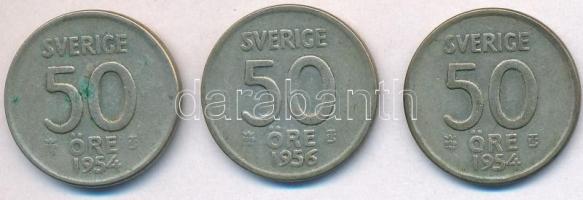 Svédország 1954TS 50ö Ag (2x) + 1956TS 50ö Ag T:2 patina Sweden 1954TS 50 Ore Ag (2x) + 1956TS 50 Ore Ag C:XF patina