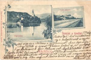 1899 Lesce-Bled, vasútállomás, templom a szigeten, Divald / railway station with church on the island, Hungarian edition, floral (EK)