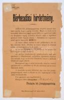 1884 Az óbudai magyar királyi jószágigazgatóság bérbeadási hirdetménye pjergi (Hegybánya, ma: Štiavnické Bane) kocsmák árverés útján történő bérbeadásáról, postán megküldve