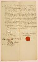 1830 Kiskunszabadszállás városának hirdetménye az Új Bolt meghírdetéséről jóravaló kereskedő számára városi előljárók aláírásával és a város címeres pecsétjével