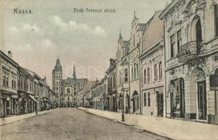 Kassa, Kosice; Deák Ferenc utca, Klein A. üzlete, templom / street, shops, church (EB)