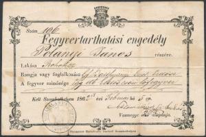 1862 Fegyvertartási engedély Rohonci (Reichnitz) lakos, gr. Batthyányi erdésze részére 72kr illetékbélyeggel / 1862 Gun licence for Burgenland village officer