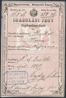 1868 Magyar Királyság által kiállított igazolási jegy, rajta Vas megye németújvári járásának bélyegzőjével, hátoldalon 15 kr okmánybélyeggel / ID