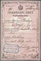 1868 Magyar Királyság által kiállított igazolási jegy, rajta Vas megye németújvári járásának bélyegzőjével, hátoldalon 15 kr okmánybélyeggel / ID