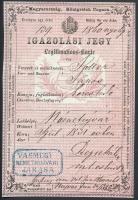 1868 Magyar Királyság által kiállított igazolási jegy, rajta Vas megye németújvári járásának bélyegzőjével, hátoldalon 50+2x25 kr okmánybélyeggel / ID