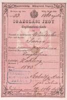 1868 Magyar Királyság által kiállított igazolási jegy, rajta Vas megye németújvári járásának bélyegzőjével, hátoldalon 15 kr okmánybélyeggel / ID