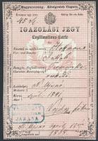 1868 Magyar Királyság által kiállított igazolási jegy, rajta Vas megye németújvári járásának bélyegzőjével, hátoldalon 1 fl okmánybélyeggel / ID