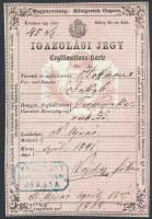 1868 Magyar Királyság által kiállított igazolási jegy, rajta Vas megye németújvári járásának bélyegzőjével, hátoldalon 1 fl okmánybélyeggel / ID