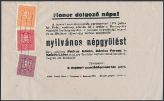 1928 A Monori Szociáldemokrata Pártszervezet felhívása nyilvános népgyűlésre 16 f bélyeggel, 15×24 cm