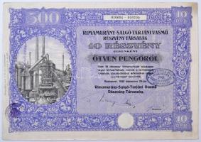 Budapest 1925. "Rimamurány-Salgó-Tarjáni Vasmű Részvény-Társaság" tíz részvénye egyenként 50P-ről szelvényekkel, szárazpecséttel és felülbélyegzésekkel T:II-