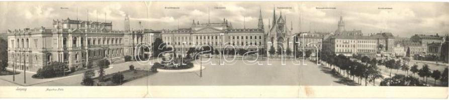 Leipzig, Augustus-Platz; Paulinerkirche, Goethestrasse, Mendebrunnen, museum, university, church, general view, 3-tiled panoramacard, Louis Pernitzsch (fl)