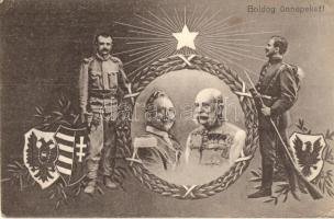 Boldog Ünnepeket / WWI Christmas greeting, Wilhelm II, Franz Joseph, Viribus Unitis, Central Powers propaganda, coat of arms (EK)