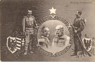 'Boldog Ünnepeket' / WWI Christmas greeting, Wilhelm II, Franz Joseph, Viribus Unitis, Central Powers propaganda, coat of arms (EK)