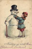 Boldog új évet / Christmas greeting postcard, snowman, child, litho (fa)