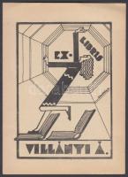 Dinnyés Ferenc (1886-1958): Art deco ex libris, Villányi Á. Fametszet, papír, jelzett a dúcon, 8×6 cm