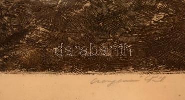 Csergezán Pál (1924-1996): Őszi szántás. Rézkarc, papír, jelzett, üvegezett keretben, 29×38  cm