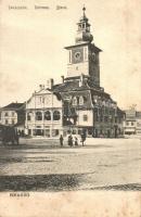 Brassó, Kronstadt, Brasov; Tanácsház, Borbély Antal üzlete, gyógyszertár / town hall, shops, pharmacy